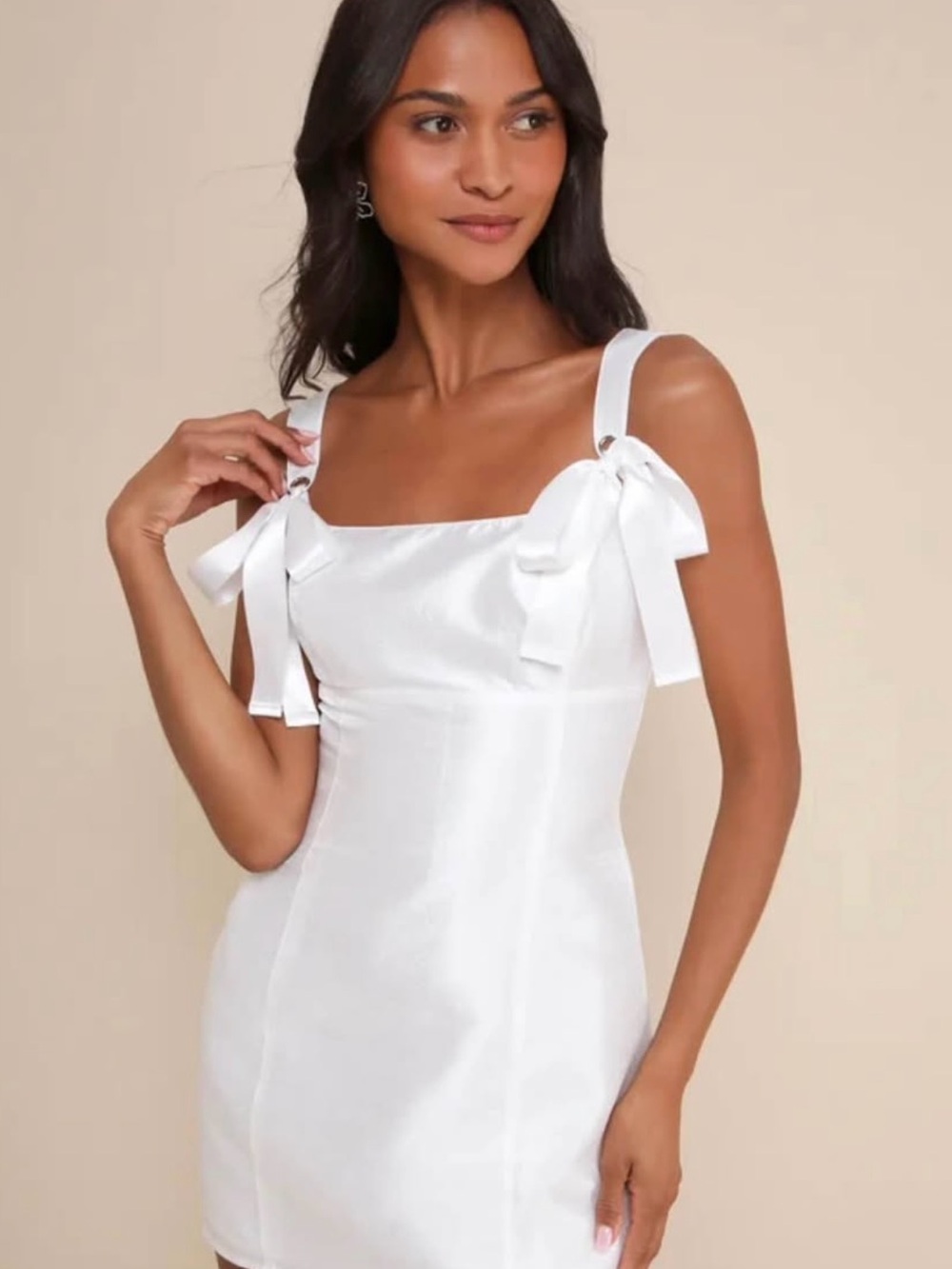 Lulu's White Satin Mini Dress with Bow Straps